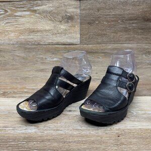 Fly London Black Leather Wedge Slide Sandals Women's Size EU 36